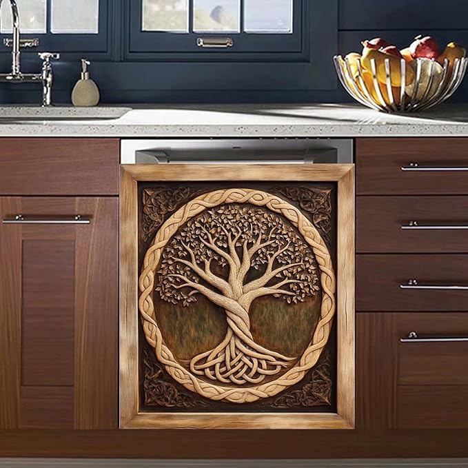 Wood Tree of Life Dishwasher Cover Skin Panel Decal, 3D Wood Sculpture Tree of Life Refrigerator Door Cover Vinyl Dishwasher Sticker - 23" W x 26" H Ordinary