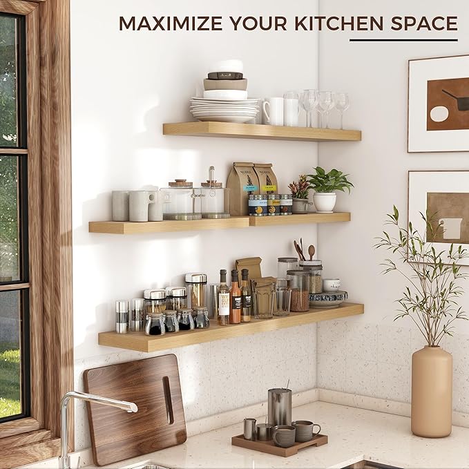 Floating Shelves for Wall 24"W x 6.7"D x 1.37"H, Engineered Wood Wall Shelves with Invisible Brackets for Living Room Bedroom Bathroom Office Kitchen Decor and Storage, Oak Finish, Set of 2