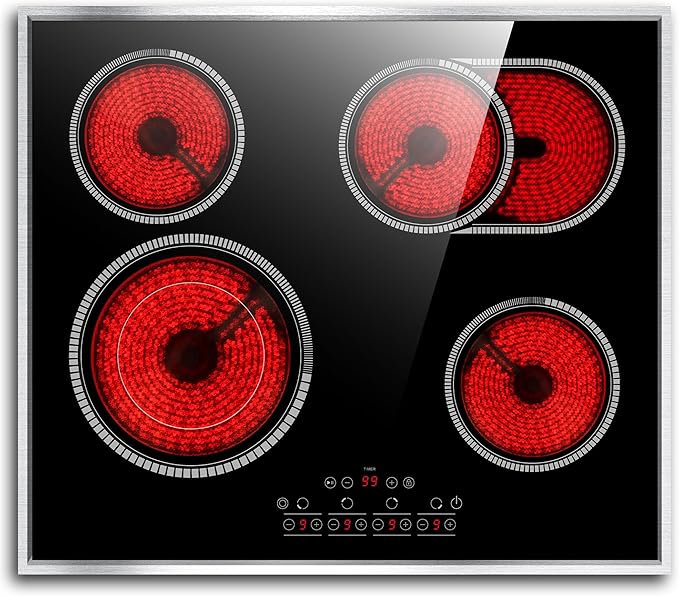 24 Inch Electric Cooktop 4 Burners, Pladeca 6600W Electric Stove Touch Control, 220-240V Built-in Radiant Stove Top with Safety Lock, Timer, Pause Control, Extended Zone, Hard Wire(No Plug)