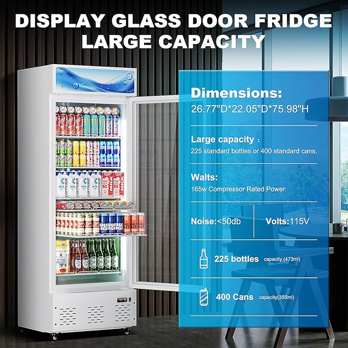 27”W Commercial Glass Door Display Refrigerator 15 Cu.ft White Cooler Beverage Bridge with LED Light and 5 Shelves for Cafe Restaurant Store Bar