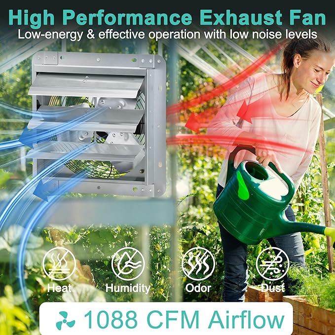 14 Inch Shutter Exhaust Fan, High Power Wall Mount Attic Fan with Thermostat and Speed Controller for Greenhouses, Sheds, Garages, Chicken Coops, Barns Ventilation, 1088 CFM