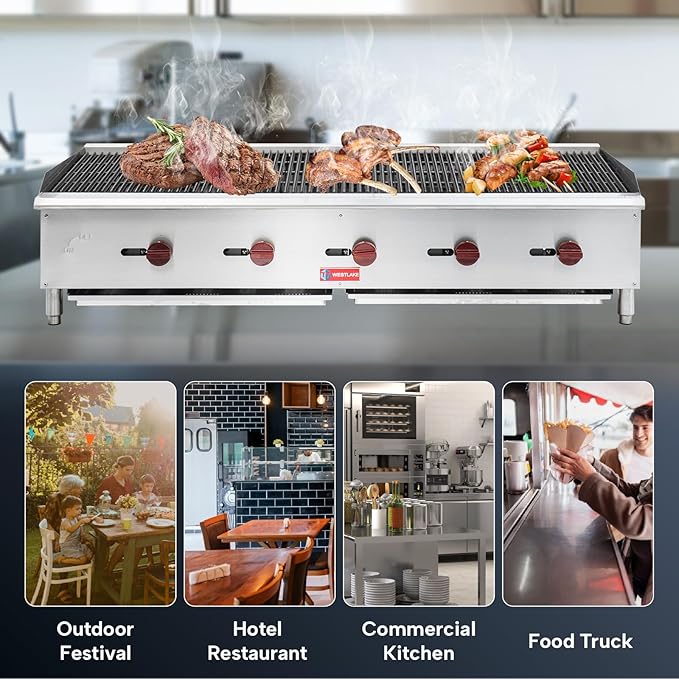 WESTLAKE 60"W Commercial Charbroiler Gas Countertop 5 Burner Natural Gas and Propane 150,000 BTU Char Broiler Stainless Steel BBQ Stove Grill for Restaurants