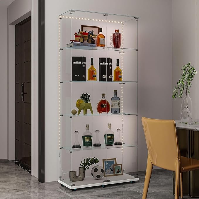 Yoluckea 5 Tiers Glass Display Cabinet with Bluetooth LED Light Strip, 2 Doors Floor Standing Curio Cabinet with Universal Wheel for Home Office Display,White Glass Bookshelf for Collections,Clear Top