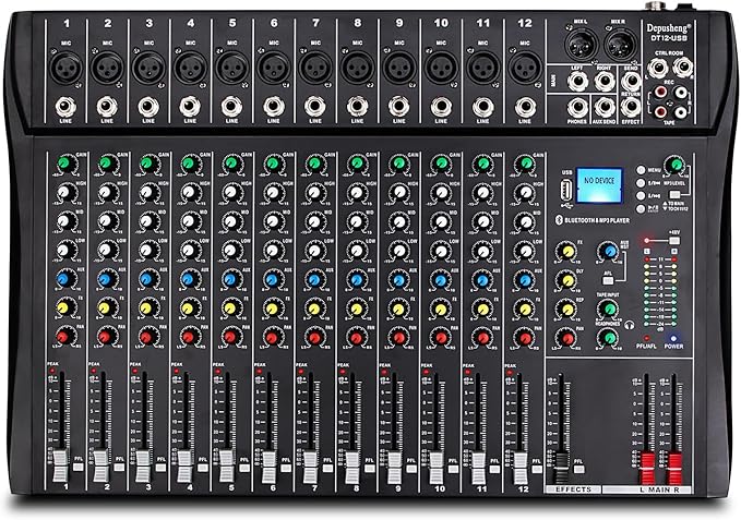 Depusheng DT12 Studio Audio Mixer 12-Channel DJ Sound Controller Interface w/USB Drive for Computer Recording Input, XLR Microphone Jack, 48V Power, RCA Input/Output for Professional and Beginners