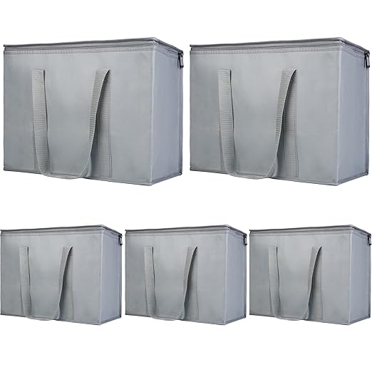 Bodaon 5-Pack Insulated Reusable Grocery Shopping Bags, X-Large Picnic Cooler Bag Cold, Insulated Food/Pizza Delivery Bag, Grey