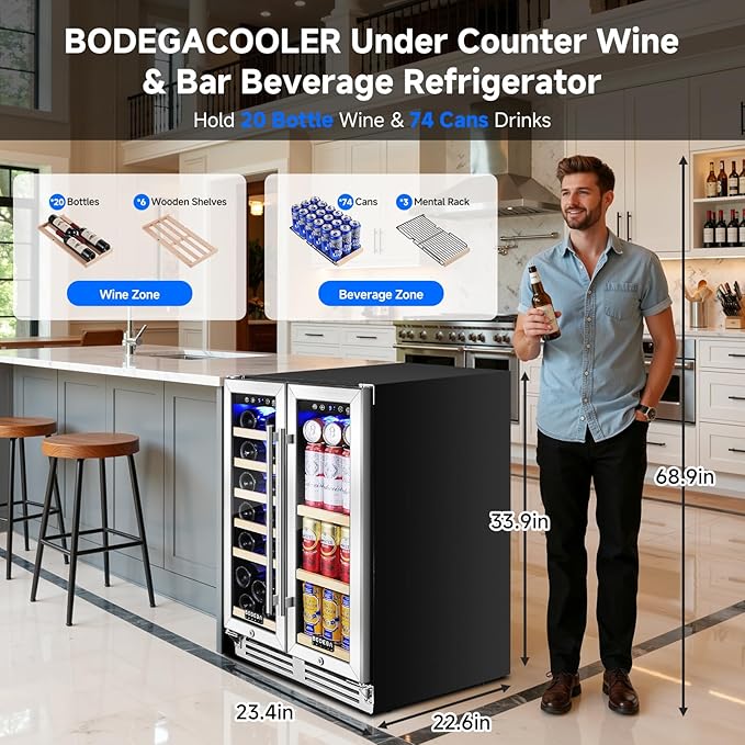 BODEGA 24 Inch Beverage and Wine Refrigerator, Dual Zone Wine Cooler Under Counter, with Independent Temperature Control and Upgraded Compressor, Holds 57 Cans and 19 Bottles