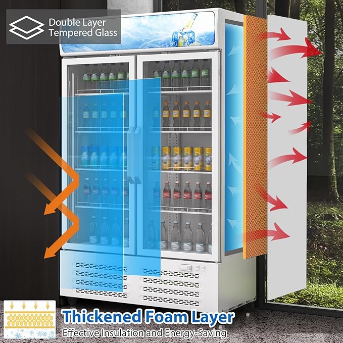 GarveeLife 25.3 Cu Ft Beverage Cooler with Glass Doors, Commercial Merchandiser Refrigerator - LED Lightbox & Universal Casters for Convenience Stores, Bars