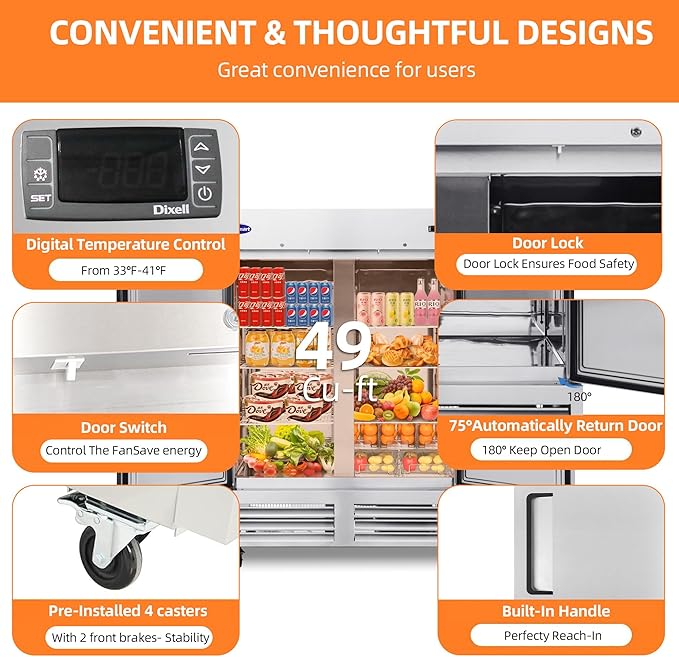 54" W Commercial Refrigerator with 2 door Stainless Steel 49 Cu. Ft Reach-in Refrigerator 6 Adjustable shelves Fan Cooling Fridge for Restaurant, Commercial Kitchen, Shop, ETL Certification