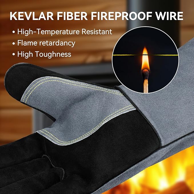 OZERO 932°F Heat Resistant Mig/Stick Welding Gloves 14 inches Cowhide Leather - Long Sleeve and Insulated Lining Barbecue Glove for Tig Welder/Grilling/Oven/Stove Black-gray