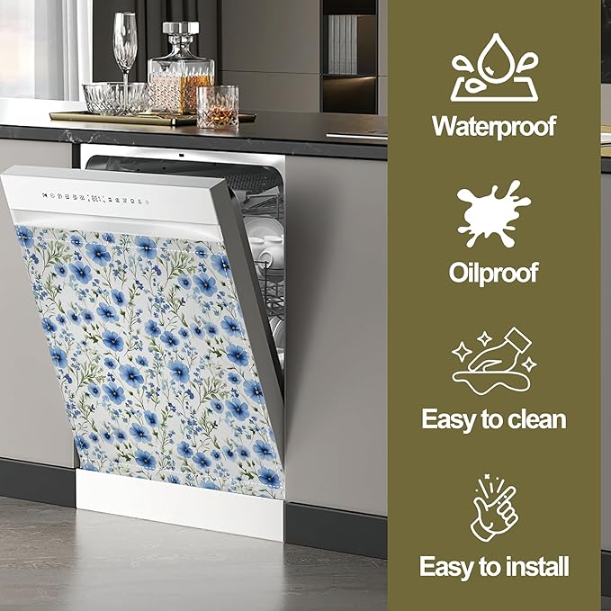 Blue Floral Magnetic Dishwasher Cover,Cornflower Dishwasher Covers for The Front Magnetic Dishwasher Panel Decal Cover for Kitchen 23x26inch
