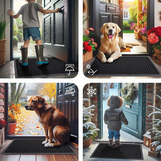 Smiry Front Door Mat Outside Entrance, Heavy Duty Natural Rubber Doormat, Non Slip, Trap Dirt and Moisture, Easy Clean, Low Profile Welcome Floor Mats for Indoor Outdoor Entry, 71x23 Inch, Black