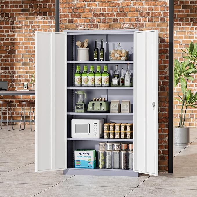 Greenvelly Metal Garage Storage Cabinet with 2 Doors and 4 Adjustable Shelves, 72”H Steel Lockable Storage Cabinet,Tall Metal Cabinet Locking File Cabinet for Office,Home, Garage, Gym, School