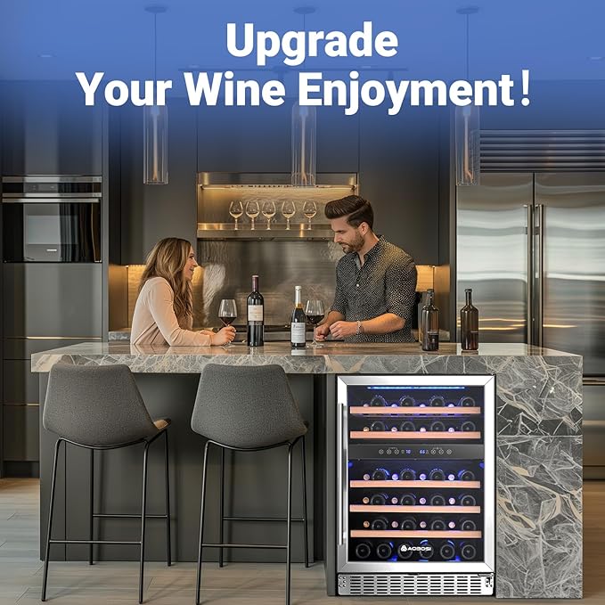 AAOBOSI Wine Fridge Cooler, 46 Bottles,24 inch Dual Zone Wine Cooler Under Counter with Adjustable Shelves,Built-in or Freestanding Wine Refrigerators for Home,Office,Bar