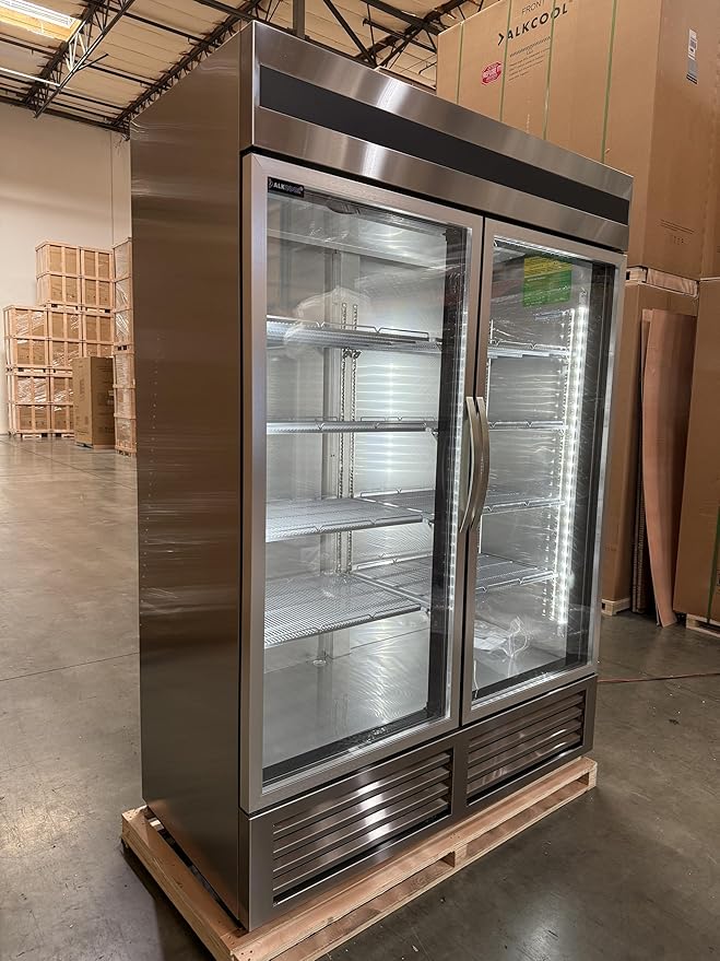 Commercial Stainless Steel Beverage Refrigerator Display Fridge,Two Glass DoorMerchandiser Drink Cooler with LED Light Adjustable Shelves,46 Cu Ft, ETL Sanitation,(Wheels Not Included)