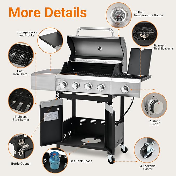 4-Burners Propane Gas Grill Outdoor with Side Burner & Thermometer, Stainless Steel Propane Grill with Cover for Outdoor BBQ, Patio Backyard Barbecue, 51000 BTU Output
