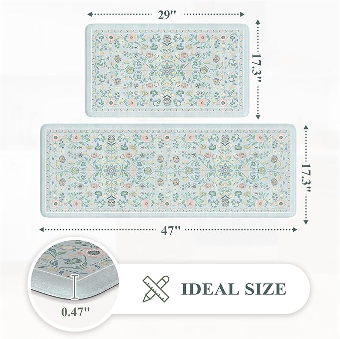 KIMODE Comfort Anti Fatigue Mats for Kitchen Floor,Boho Floral Kitchen Rugs Sets of 2 Non Slip,Cushioned Memory Foam Kitchen Mat Carpet for Laundry Sink Bathroom Office,Blue