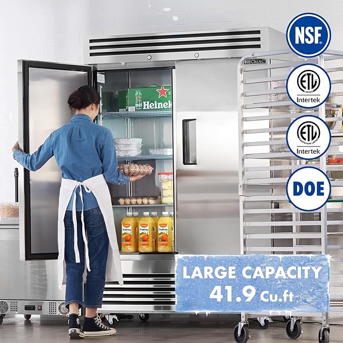 HECMAC 54" Commercial Refrigerator, 49 Cu.ft Reach-In Upright Fridge with 2 Solid Door, 33~40℉, 18-8 Stainless Steel Interior, 6 Shelves, ETL&NSF/ANSI 7 for Restaurant, Bar, Shop, Kitchen Use