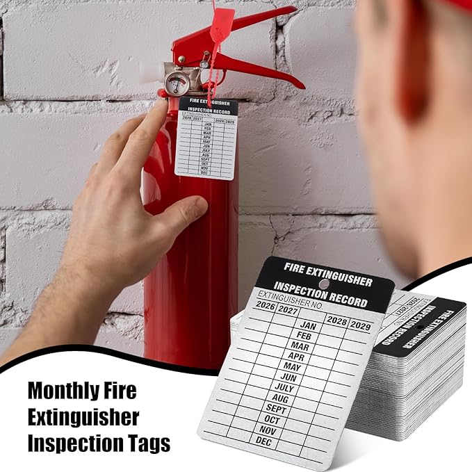 Moxweyeni 200 Set Fire Extinguisher Tag Bulk 2026-2029 Monthly Aluminum Metal Fire Extinguisher Inspection Record Tags with Tamper Seals & Hole Puncher - Tear Proof Weatherproof for Indoor Outdoor