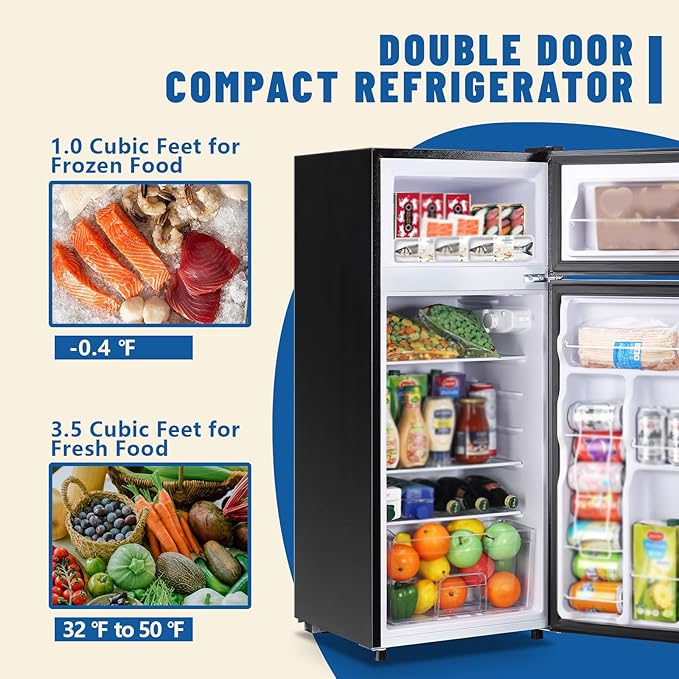 4.5 CU.FT Capacity Compact Refrigerator with Freezer Double Door Mini Fridge Small Apartment Refrigerator with 7 Adjustable Temp Control & 3 Glass Shelves for Kitchen Office Dorm Silver