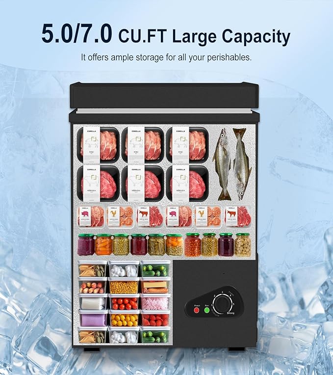 TABU 5.0 Cubic Feet Chest Freezer, Compact Freestanding Deep Freezer with 7 Level Adjustable Thermostat & Removable Basket,Top Opening, Low Noise(Black, 5.0 Cu.Ft.)