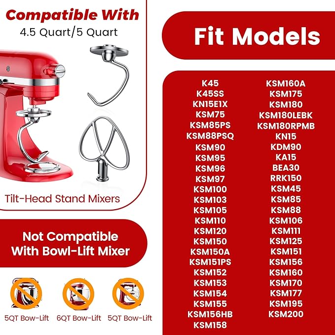 Premium 316 Stainless Steel Attachments 2 Piece Kit, Flat Beater & Dough Hook for 4.5 and 5 Qt Kitchenaid Tilt-Head Stand Mixers, Paddle&Dough Hook Mixers Accessories, Dishwasher Safe, Spatula&Recipe