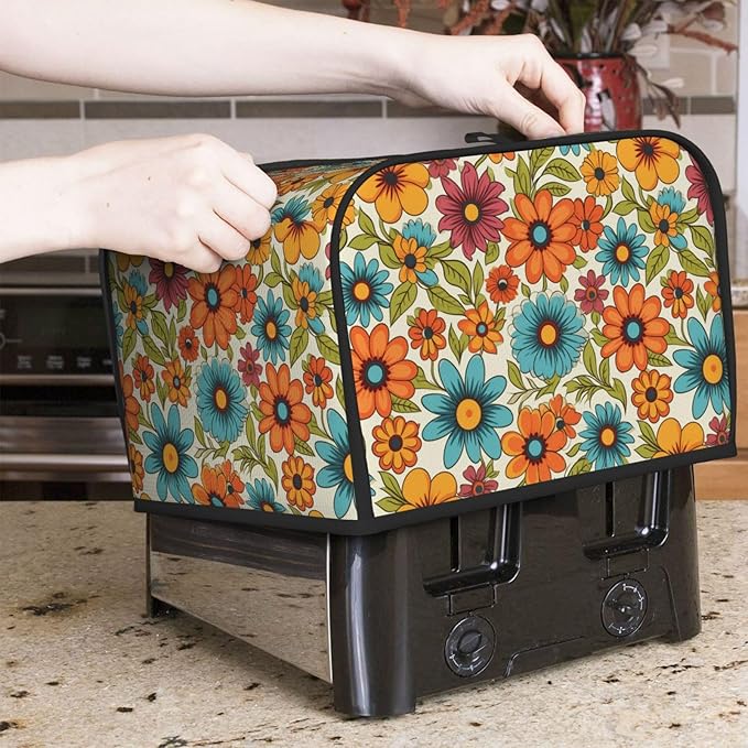 4 Slice Toaster Cover for Kitchen Hippie Flower Retro Waterproof and Dustproof Toaster Dust Cover with Side Pockets Decorative Universal Cover for Wide Slot Toasters and Small Appliances