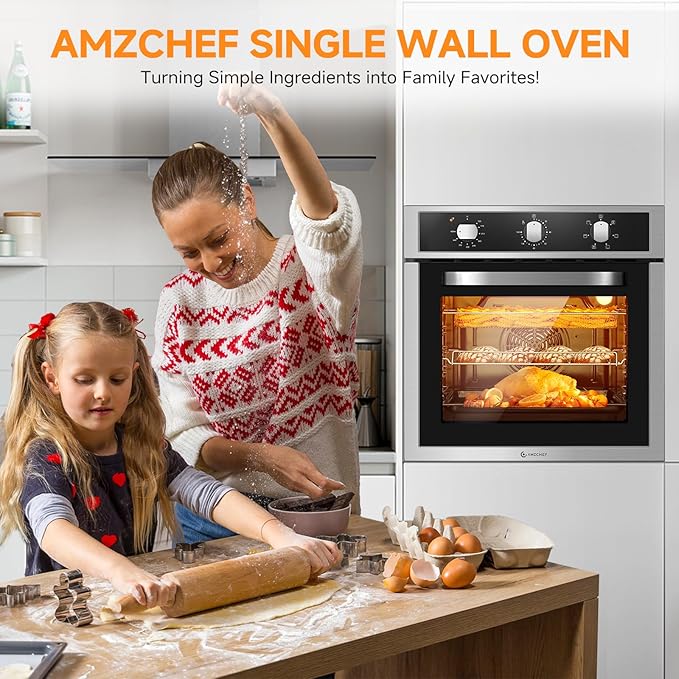 Wall Ovens 24 inch Electric, AMZCHEF 24 inch Wall Oven, 2200w Single Wall Oven with 6 Cooking Modes, 2.5 Cu.Ft. Electric Wall Oven, Convection Oven with Mechanical Knobs Control, Stainless Steel