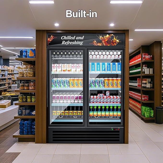 Tylza Commercial Refrigerator, Double Glass Door Display Beverage Fridge, 26.49 Cu Ft Upright Beverage Cooler Merchandiser with Replaceable Advertising Light Board, Rebound Door, Fast Cooling, Black