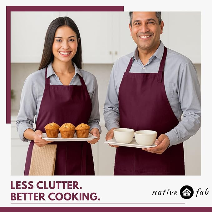 Native Fab Kitchen Apron 2 Pack - 100% Cotton Adjustable, Durable Apron with Pockets, Perfect for Cooking, Baking, Grilling