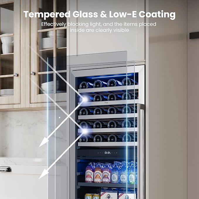 Yeego 24 Inch Wine Fridge - 40 Bottles and 112 Cans Dual Zone Wine Cooler with Glass Door, 34-65℉ Built-In or Freestanding Refrigerator with Lock and 2 Color LED for Kitchen Bar Office (Left-Hinged)