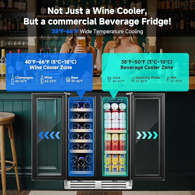 BODEGA 24 Inch Beverage and Wine Refrigerator, Dual Zone Wine Cooler Under Counter, with Independent Temperature Control and Upgraded Compressor, Holds 57 Cans and 19 Bottles
