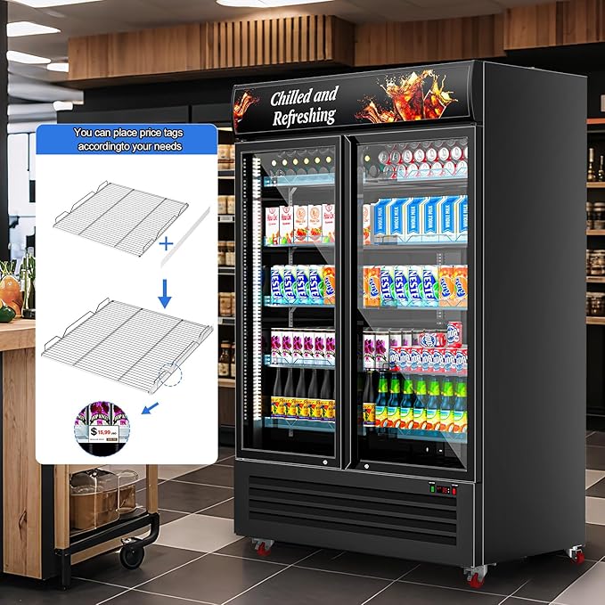 Tylza Commercial Refrigerator, Double Glass Door Display Beverage Fridge, 26.49 Cu Ft Upright Beverage Cooler Merchandiser with Replaceable Advertising Light Board, Rebound Door, Fast Cooling, Black