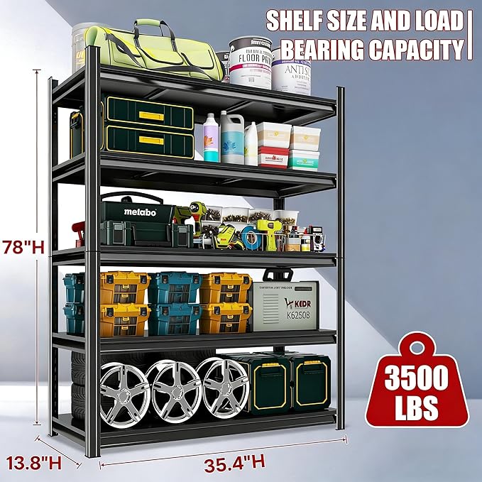 78''H Metal Garage Shelving Unit, 5-Tier Garage Storage Shelves, Adjustable Upgraded Reinforced Double-Layer Columns for Basement Kitchen Laundry Room Pantry Rack 78''H x 35.4''W x 13.8''D