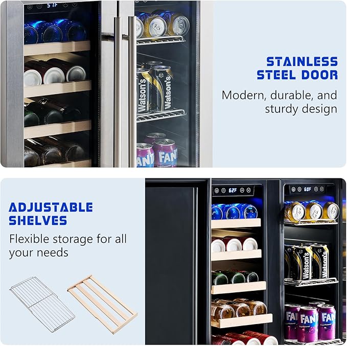 Jocisland Beverage Refrigerator, 24-Inch Dual Zone Fridge Cooler with Glass Door, Built-In or Freestanding for Wine and Beer, Holds 20 Bottles & 78 Cans, 34–64℉ & 41–68℉ for Kitchen, Bar, Office