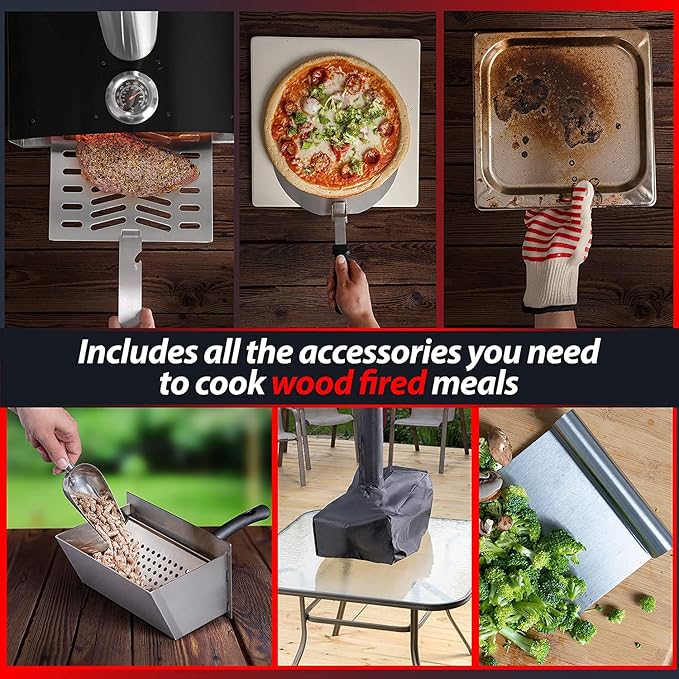 Deco Chef Outdoor Pizza Oven with 2-in-1 Pizza and Grill Oven Functionality, 13" Pizza Stone, Portable 3-Layer Stainless Steel Construction, Pizza Peel, Dough Scraper, Scoop, Slotted Grill (Black)