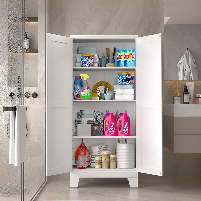 61.02" Pantry Cabinet, Kitchen Pantry Storage Cabinets with Adjustable Shelves and Feet, White Pantry Storage Cabinet for Kitchen, Dining Room, Living Room and Bathroom (White) Metal