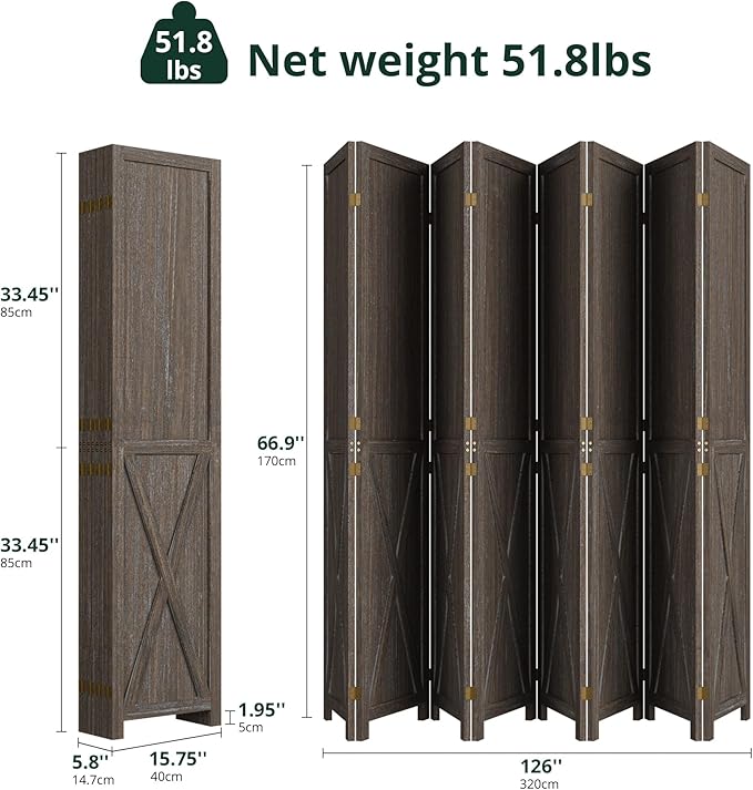 Cozy Castle Wood Room Divider, 8 Panels Folding Privacy Screen, 66.9'' Wall Divider, Barnwood Room Separator, Freestanding Partition, Temporary Wall for Decorative, Rustic Brown