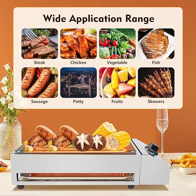 Electric Grill, 1800W Commercial Electric Countertop BBQ Grill with Adjustable Temperature Range & Practical Tray, Portable Non-Stick Barbecue Griddle Rack for Indoor Outdoor Picnic