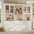 Vyre 71" Farmhouse Kitchen Pantry Cabinet Set of 3, White Freestanding Coffee Bar Hutch with Glass Doors, Drawers & Adjustable Shelves, Large Storage Cabinet with Microwave Stand for Living Room