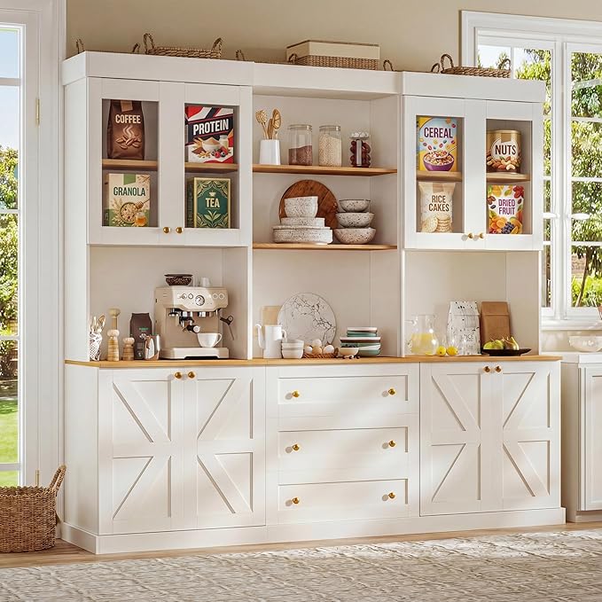 Vyre 71" Farmhouse Kitchen Pantry Cabinet Set of 3, White Freestanding Coffee Bar Hutch with Glass Doors, Drawers & Adjustable Shelves, Large Storage Cabinet with Microwave Stand for Living Room