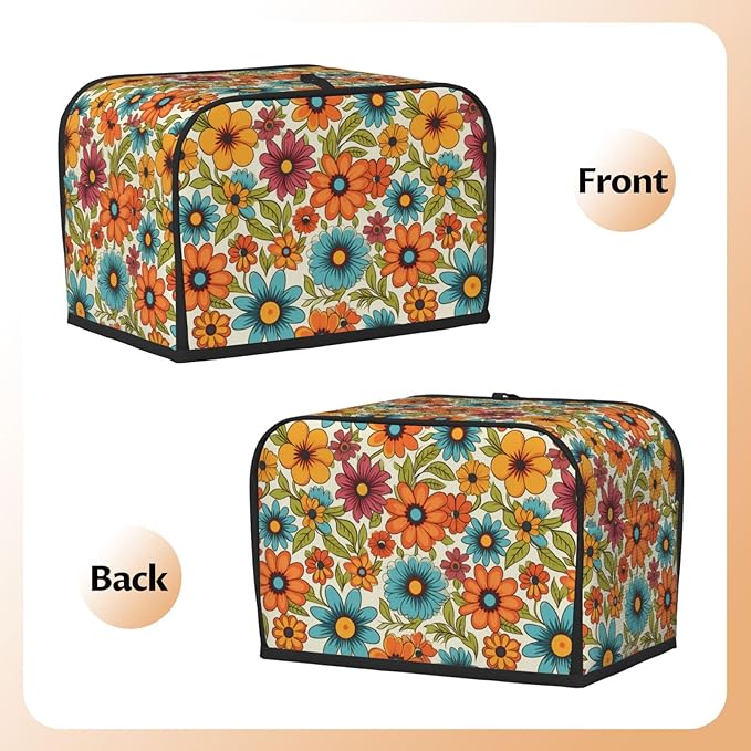 2 Slice Toaster Cover for Kitchen Hippie Flower Retro Waterproof and Dustproof Toaster Dust Cover with Side Pockets Decorative Universal Cover for Wide Slot Toasters and Small Appliances