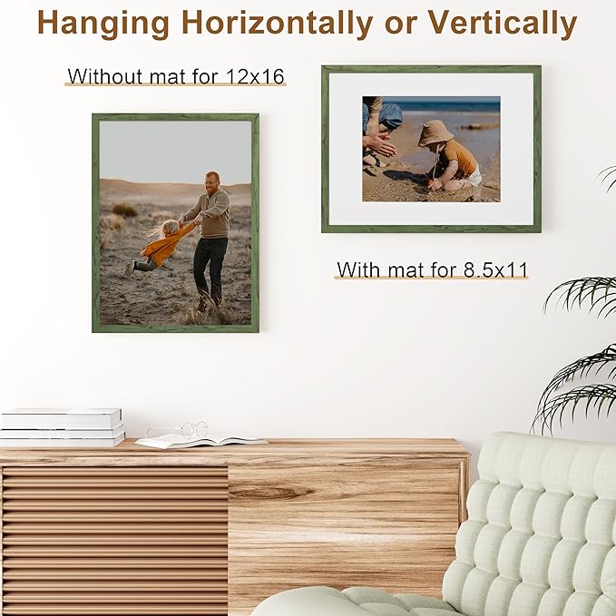Vittanly 12x16 Picture Frame, Solid Wood Frame with Plexiglass, Includes 8.5x11 Mat, Wall Hanging for Photos, Home Decor, Rustic Green, 1 Pack