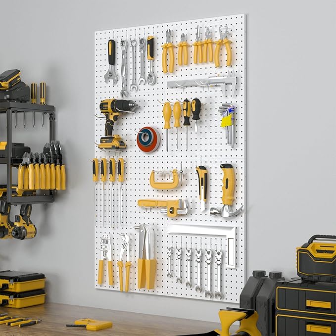 Peg Board, 8 Pack Metal Pegboard Panels with 50 Hooks, White Pegboards Wall Organizer, Peg Board for Walls Home, Garage Tool Storage, Office Organization, Craft Room,Christmas Gifts