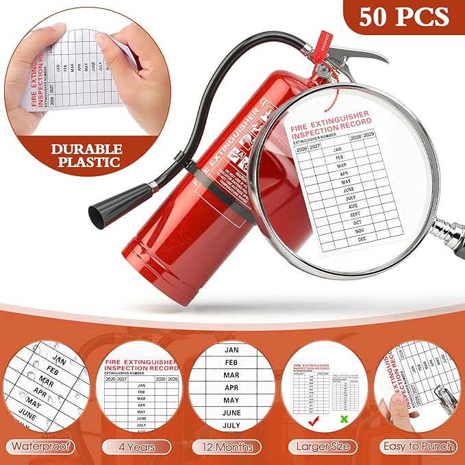 Chunful 101 Pieces Monthly Fire Extinguisher Inspection Tags 2026 to 2029 Plastic Maintenance Record Tags 5 x 3.25 Inch with Hole Puncher Adjustable Wire Ties Tamper Seals Numbered Security(White)