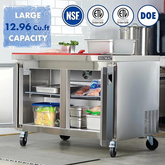 HECMAC 48" Commercial Freezer, 12.96 Cu.ft Worktop Undercounter Fridge with 2 Solid Door, -8~0℉, 18-8 Stainless Steel Interior, ETL&NSF/ANSI 7 for Restaurant, Bar, Shop, Kitchen Use