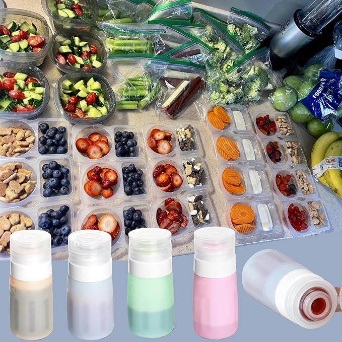 16Set Double Compartment Snack Containers with Lids,Snack Pack Containers for Kids & Adults, 4pcs Silicone Condiment Squeeze Bottles,Leakproof Sauces Container, Salad Dressing Container