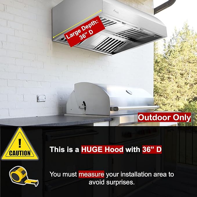 Awoco 36” Outdoor BBQ Vent Hood 17” High Type 304 Stainless Steel, 4 Speeds 1000 CFM, Adjustable LED Lights, 8” Round Top Vent with 12”H Chimney Cover