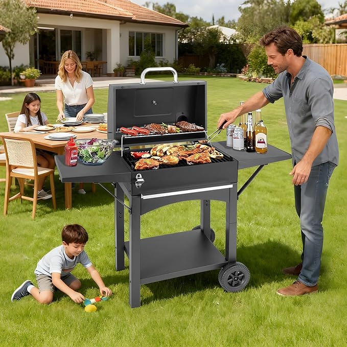 Charcoal Grill with Side Shelf, 353 Sq.Inch Cooking Area,Large Smoker Barbecue Grill with Warming Rack,Outdoor BBQ Grill with Charcoal Tray for Yard, Camping, Picnic
