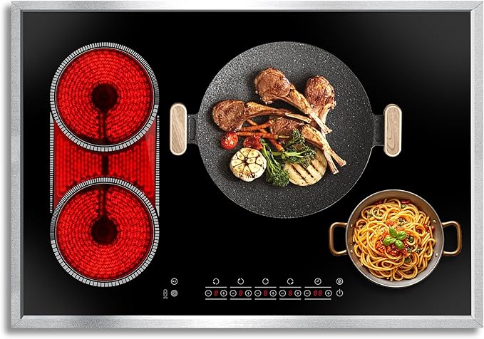 30 Inch Electric Cooktop, 4 Burner Electric Stove Top with Touch Control, 7800W Built-In Glass Stovetop with BBQ & Expandable Zone, 9-Level Adjustable, Child Lock, Timer, 220V-240V Hardwire