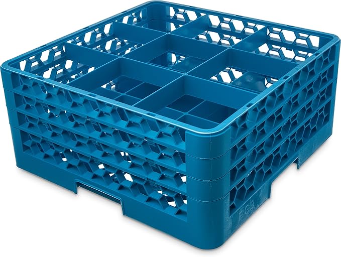 Carlisle FoodService Products RG9-314 OptiClean 9 Compartment Glass Rack with 3 Extenders, 8.72", Blue, Polypropylene, Blue